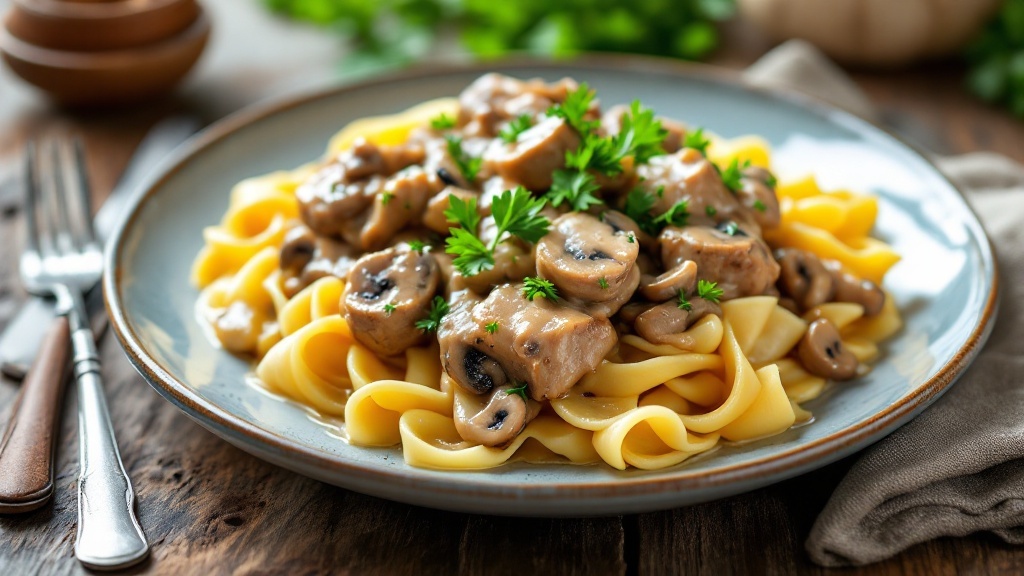 Savory Pork Stroganoff Recipe A plate of Pork Stroganoff with creamy sauce and egg noodles, garnished with parsley on a rustic table.